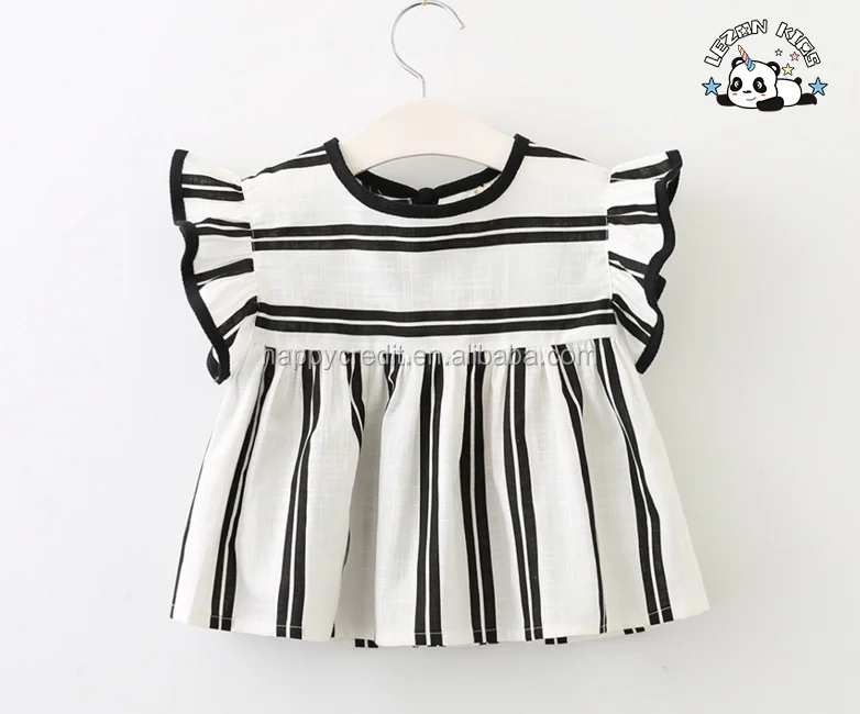 LEZONKIDS - Wholesale Children Clothing Custom Cotton Linen Girls Ruffle Sleeve Dress in Black White